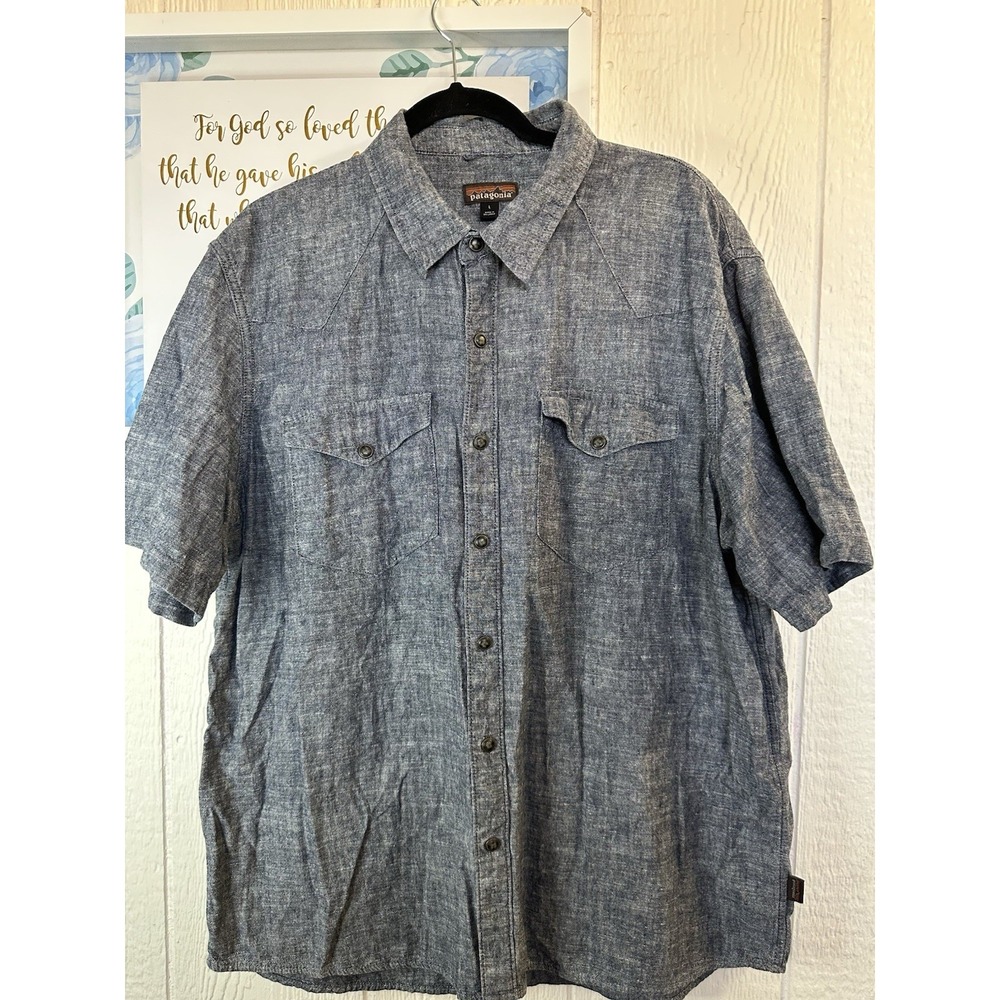 Patagonia Men's Large Blue Collared Full Button Front Pockets HEMP/COTTON Top - Picture 3 of 11
